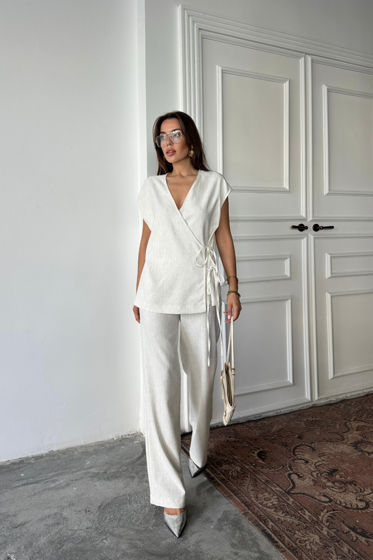 White Elegant Palazzo Pants Tie Set - Brand: Ello - Women's Clothing Wholesale - Globality Store