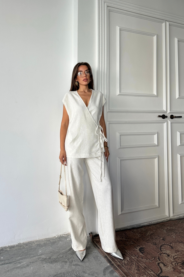 White Elegant Palazzo Pants Tie Set