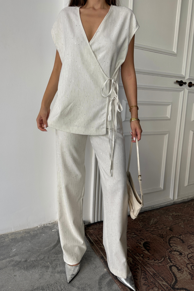 White Elegant Palazzo Pants Tie Set