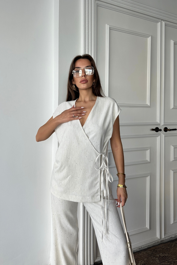 White Elegant Palazzo Pants Tie Set