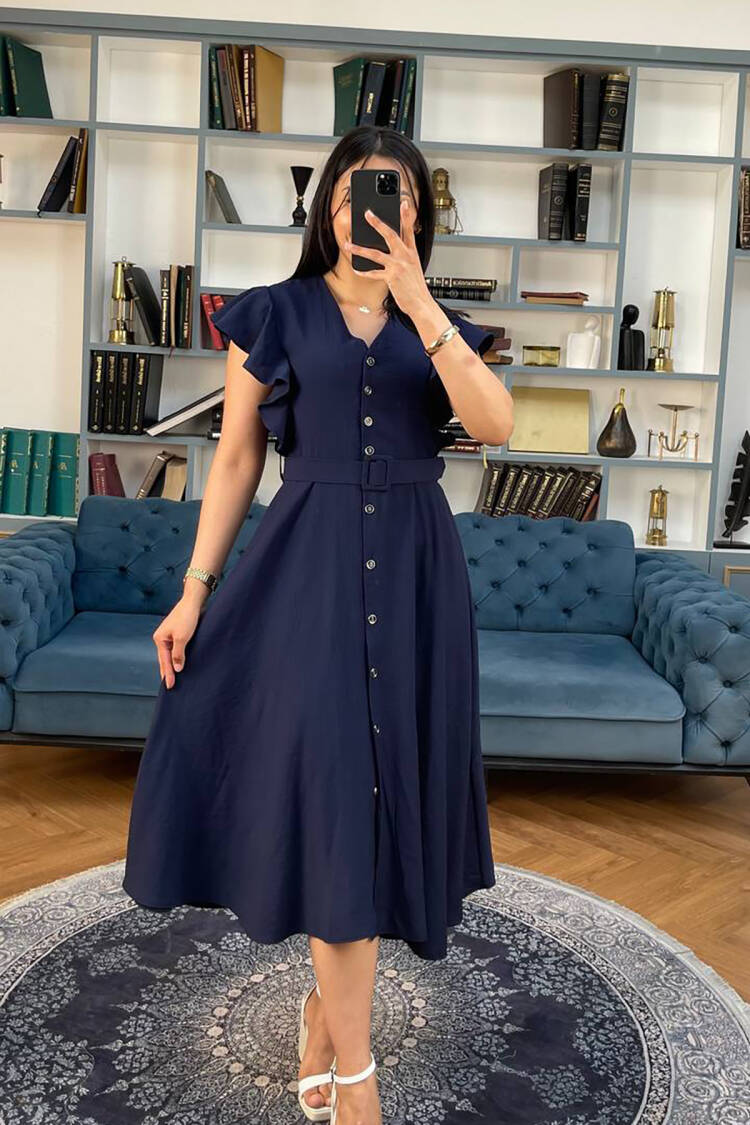 Fit And Flare Dress With Ruffle Sleeves