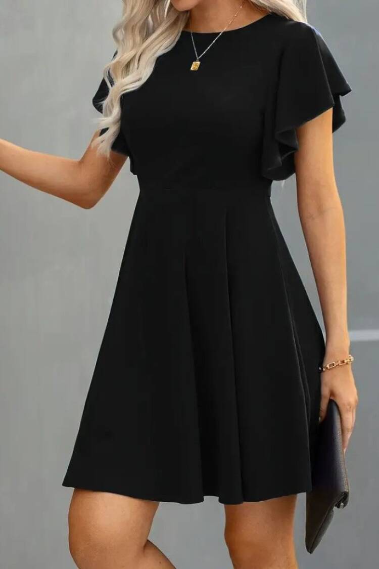 Elegant Black A-Line Mini Dress With Ruffle Sleeves
