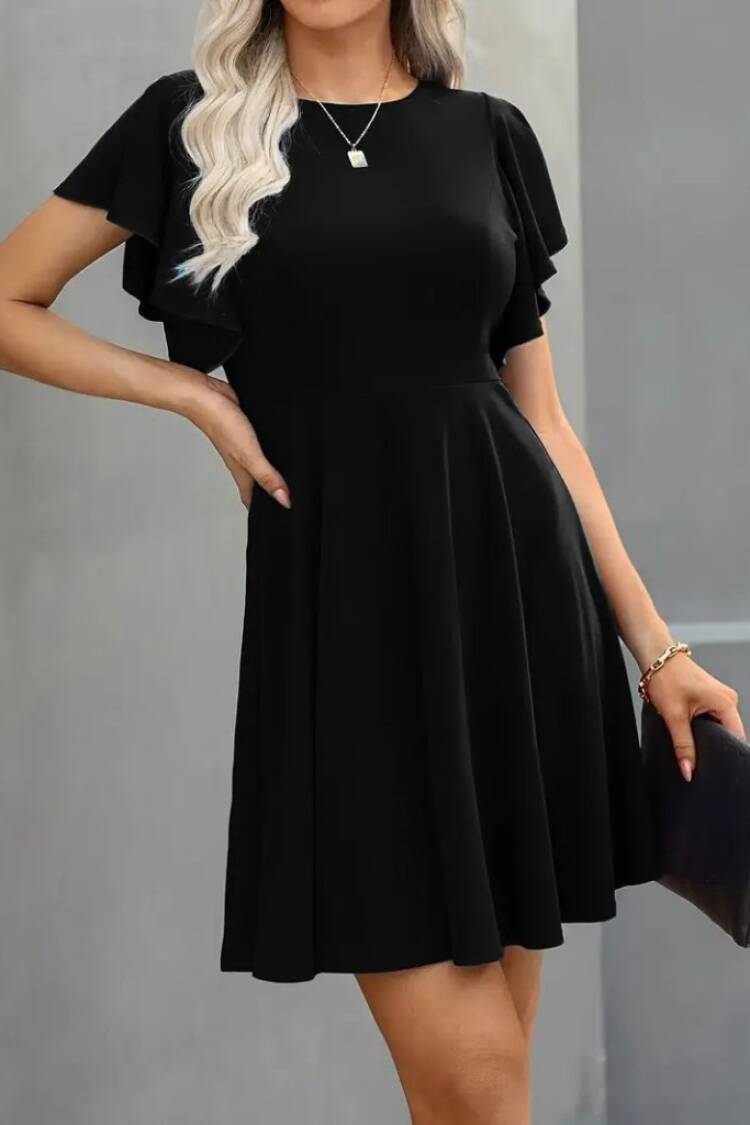 Elegant Black A-Line Mini Dress With Ruffle Sleeves - Brand: Janes - Women's Clothing Wholesale - Globality Store