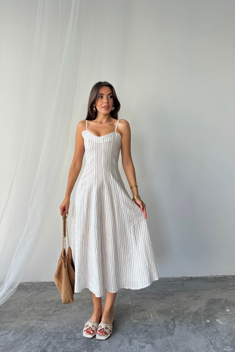White Striped Midi Cami Dress With Sweetheart Neck