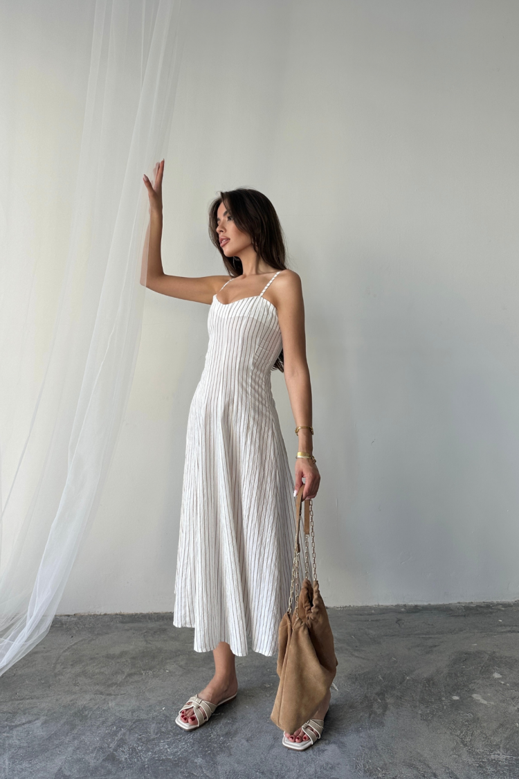 White Striped Midi Cami Dress With Sweetheart Neck