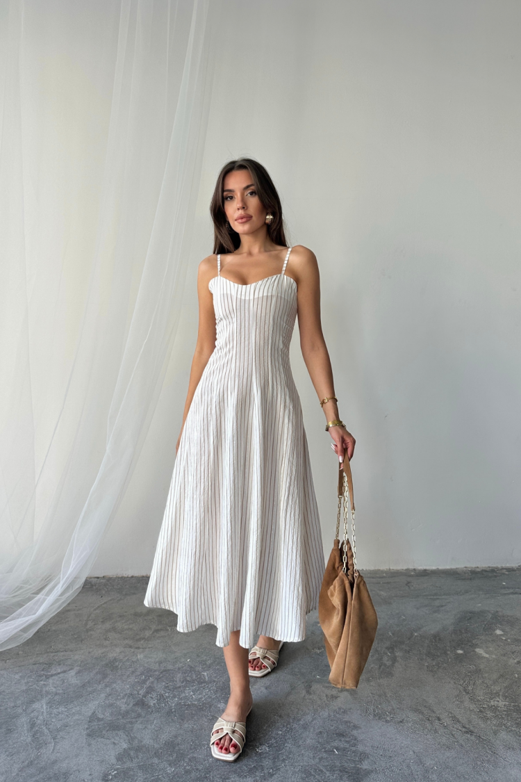 White Striped Midi Cami Dress With Sweetheart Neck - Brand: Ello - Women's Clothing Wholesale - Globality Store