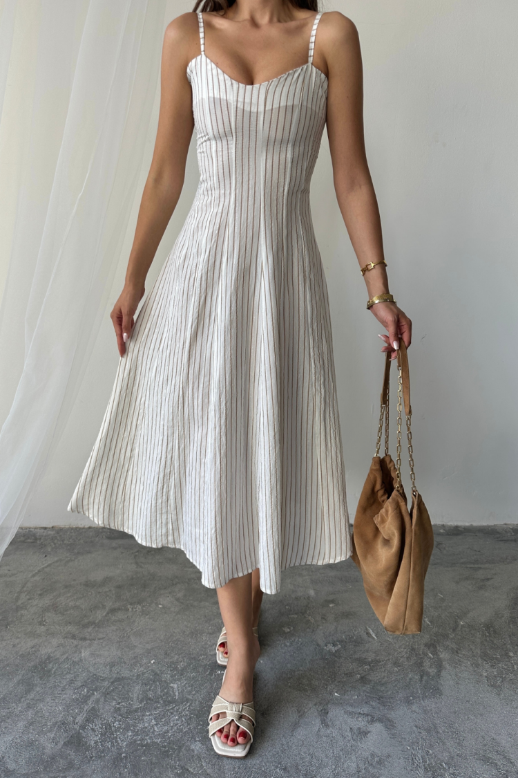 White Striped Midi Cami Dress With Sweetheart Neck