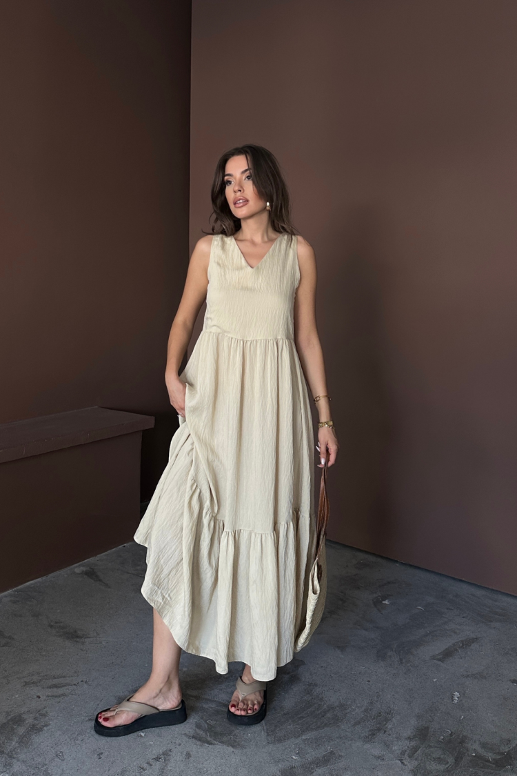 A-Line V-Neck Midi Dress With Cap Sleeves
