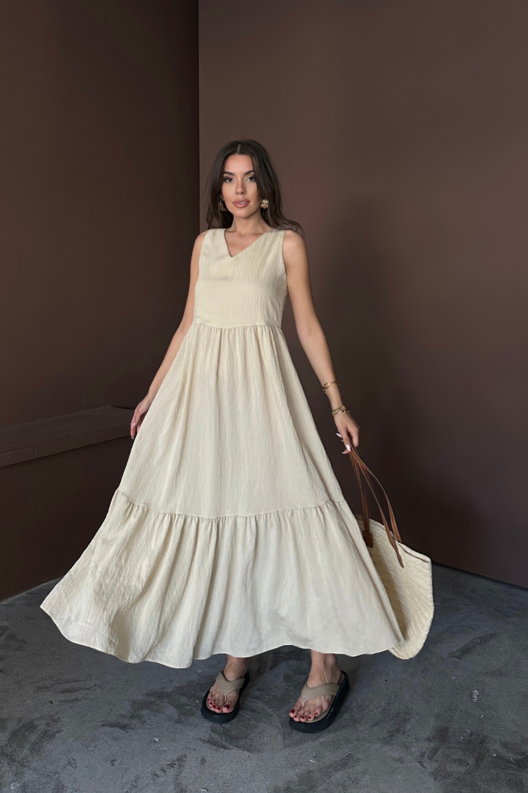 A-Line V-Neck Midi Dress With Cap Sleeves