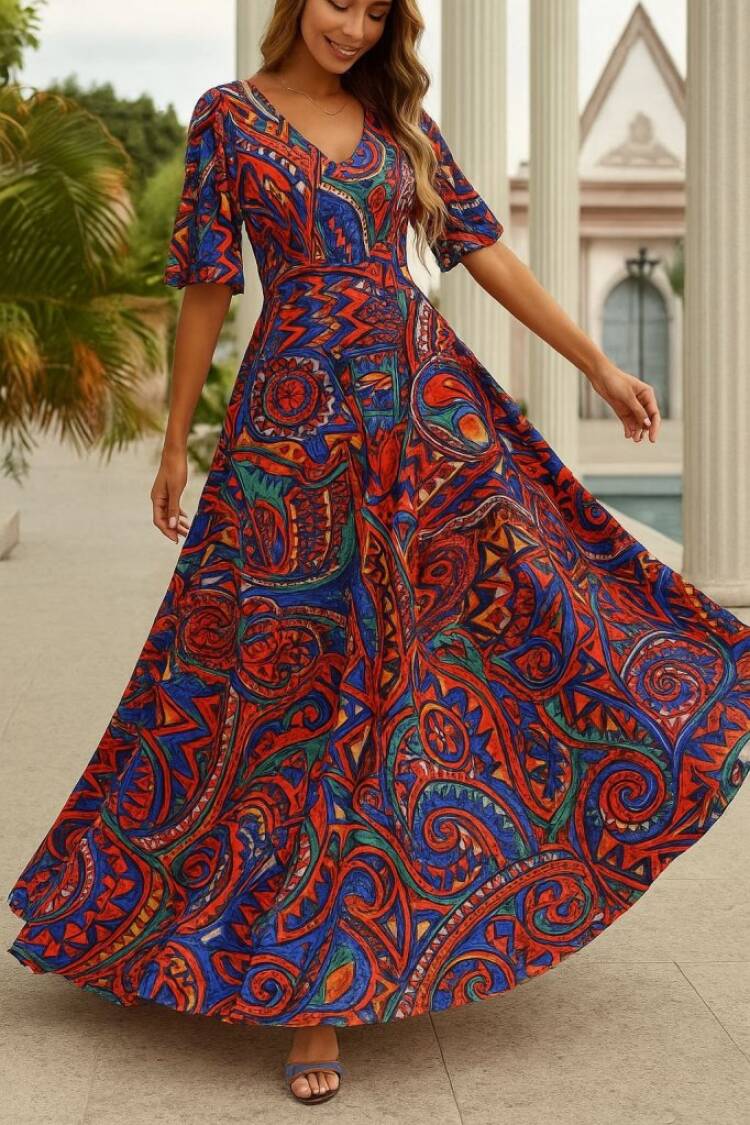 Red Ethnic A-Line Dress With V-Neck & Half Sleeves - Brand: Janes - Women's Clothing Wholesale - Globality Store