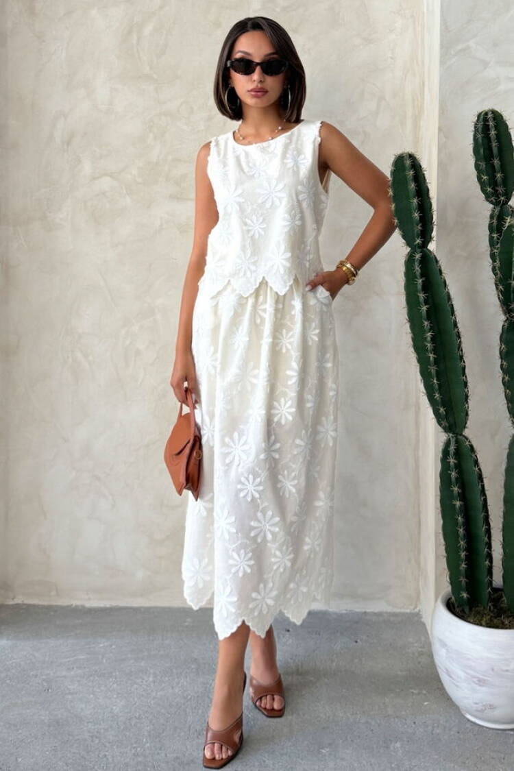 White Floral A-Line Midi Skirt - Brand: Topshow - Women's Clothing Wholesale - Globality Store