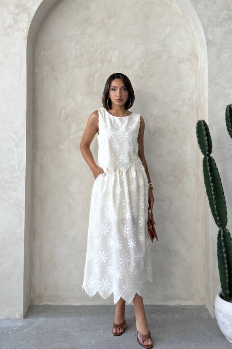 White Floral A-Line Midi Skirt