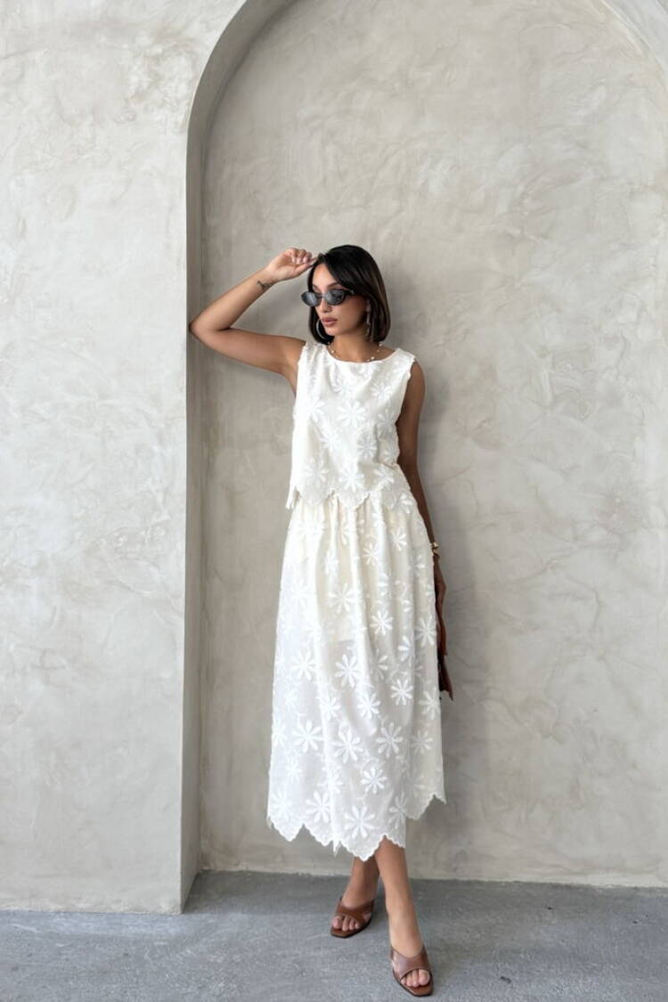 White Floral A-Line Midi Skirt