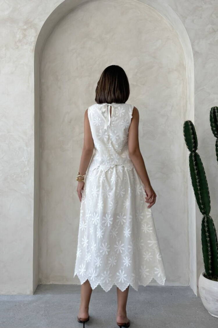 White Floral A-Line Midi Skirt