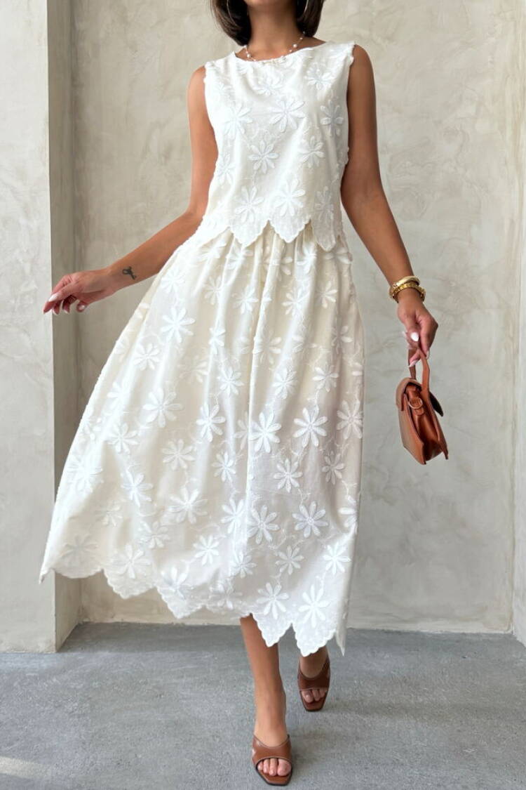 White Floral A-Line Midi Skirt