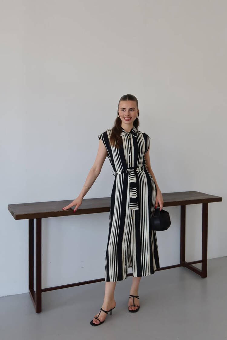 Black Striped Casual Elegant Shirt Dress - Brand: Mode Roy - Women's Clothing Wholesale - Globality Store