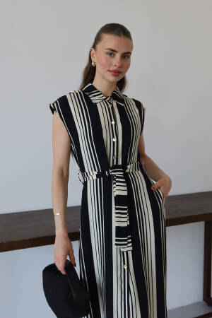 Black Striped Casual Elegant Shirt Dress - Brand: Mode Roy - Women's Clothing Wholesale - Globality Store
