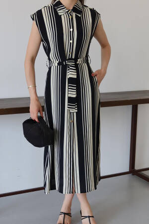Black Striped Casual Elegant Shirt Dress - Brand: Mode Roy - Women's Clothing Wholesale - Globality Store