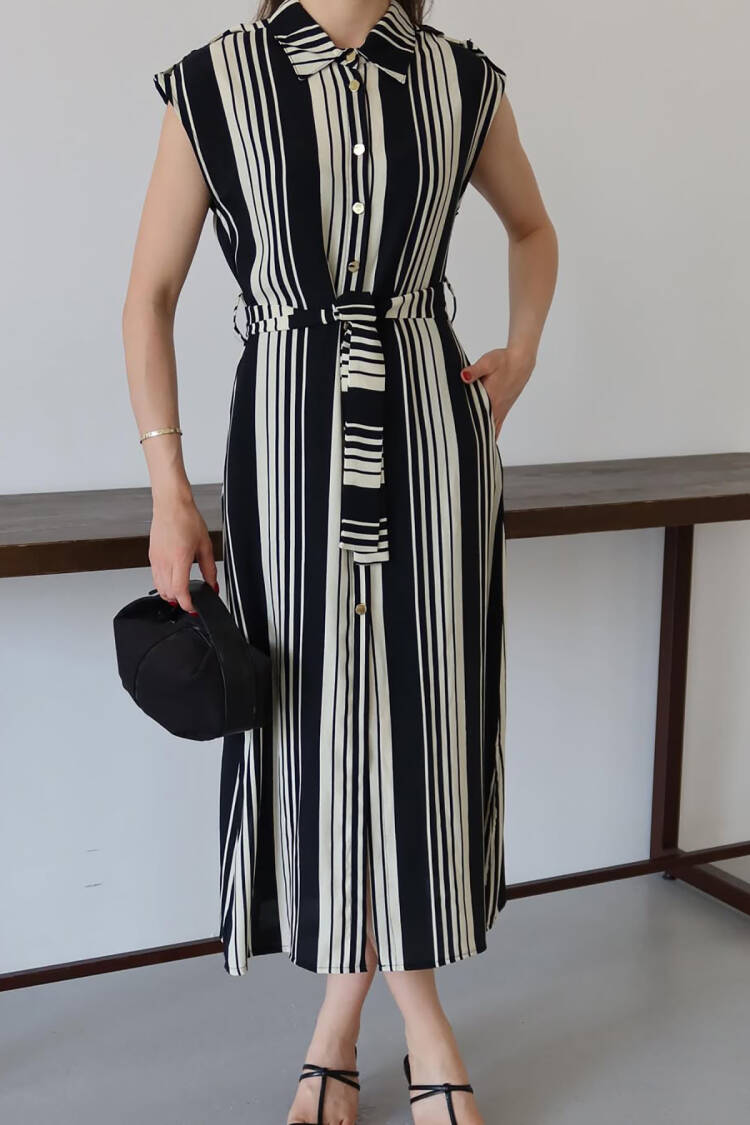 Black Striped Casual Elegant Shirt Dress