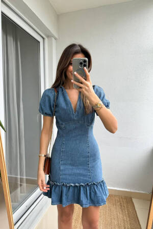 Blue Fit And Flare Mini Dress With Puff Sleeves - Brand: Mode Roy - Women's Clothing Wholesale - Globality Store