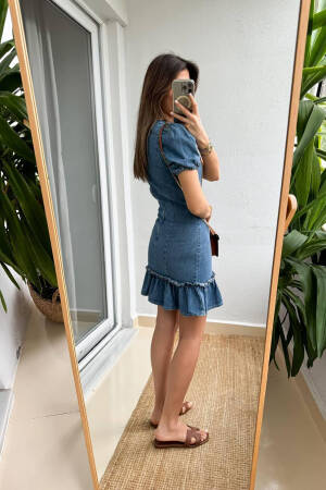 Blue Fit And Flare Mini Dress With Puff Sleeves - Brand: Mode Roy - Women's Clothing Wholesale - Globality Store