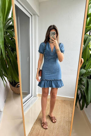 Blue Fit And Flare Mini Dress With Puff Sleeves - Brand: Mode Roy - Women's Clothing Wholesale - Globality Store