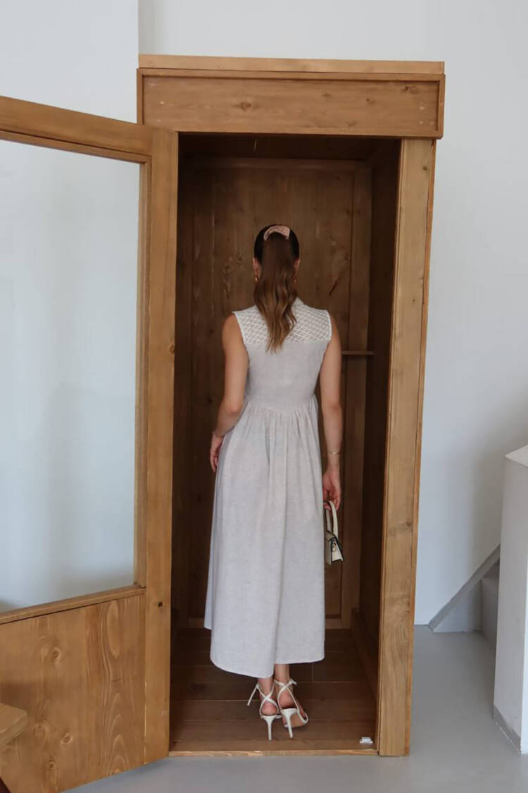 Beige A-Line Sleeveless Polo Neck Midi Dress