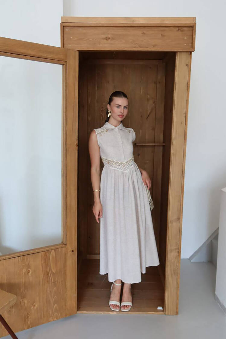 Beige A-Line Sleeveless Polo Neck Midi Dress