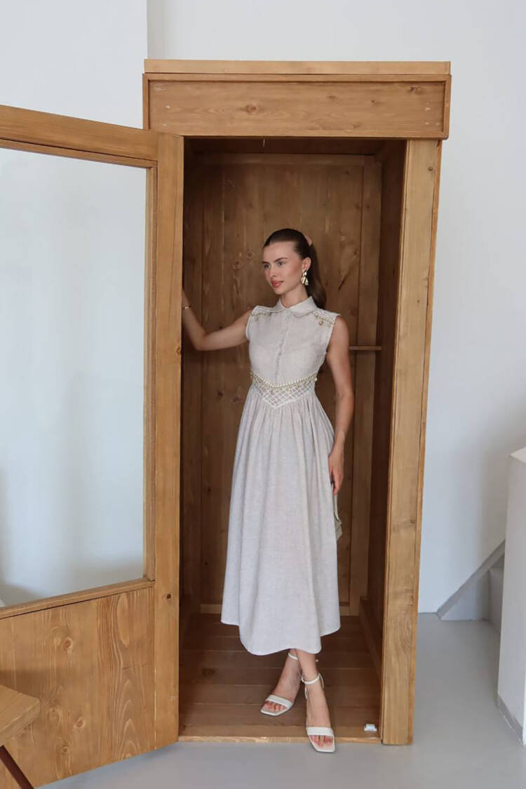 Beige A-Line Sleeveless Polo Neck Midi Dress - Brand: Mode Roy - Women's Clothing Wholesale - Globality Store