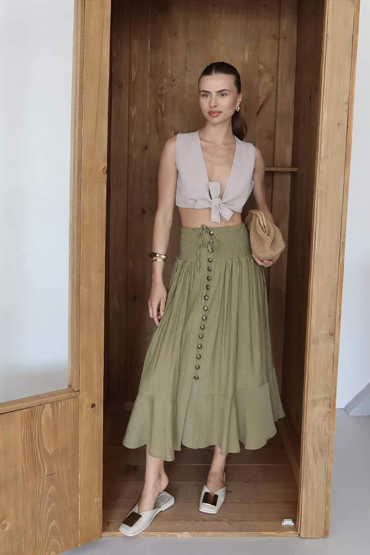 Green Boho Flared Midi Skirt With Drawstring Waist