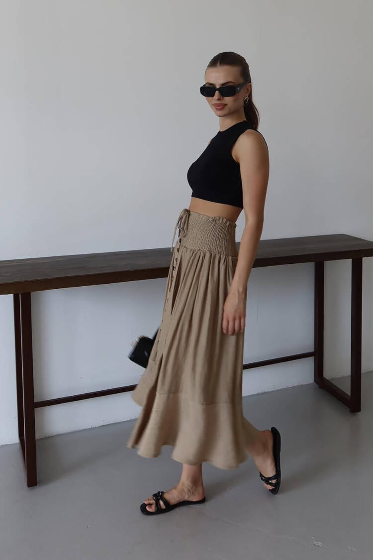 Beige Flared High Waist Midi Skirt