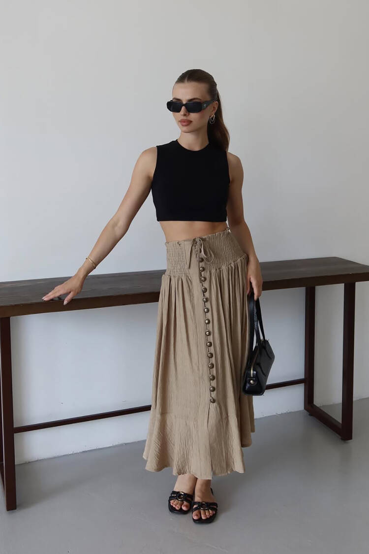 Beige Flared High Waist Midi Skirt