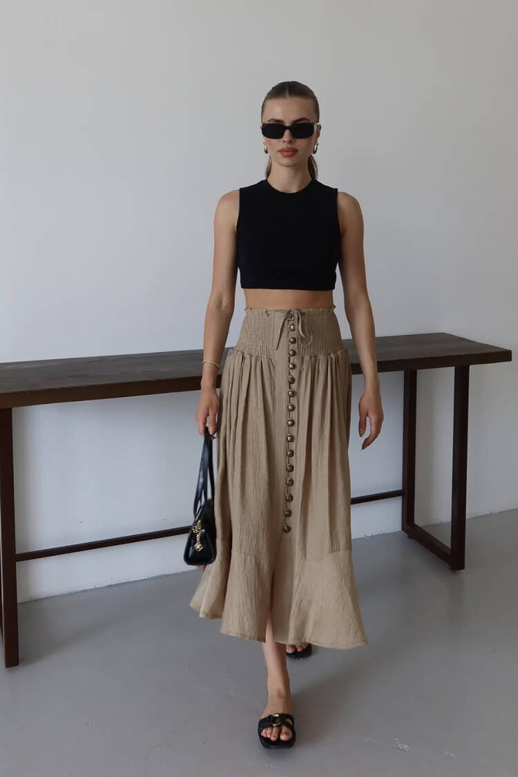 Beige Flared High Waist Midi Skirt - Brand: Mode Roy - Women's Clothing Wholesale - Globality Store
