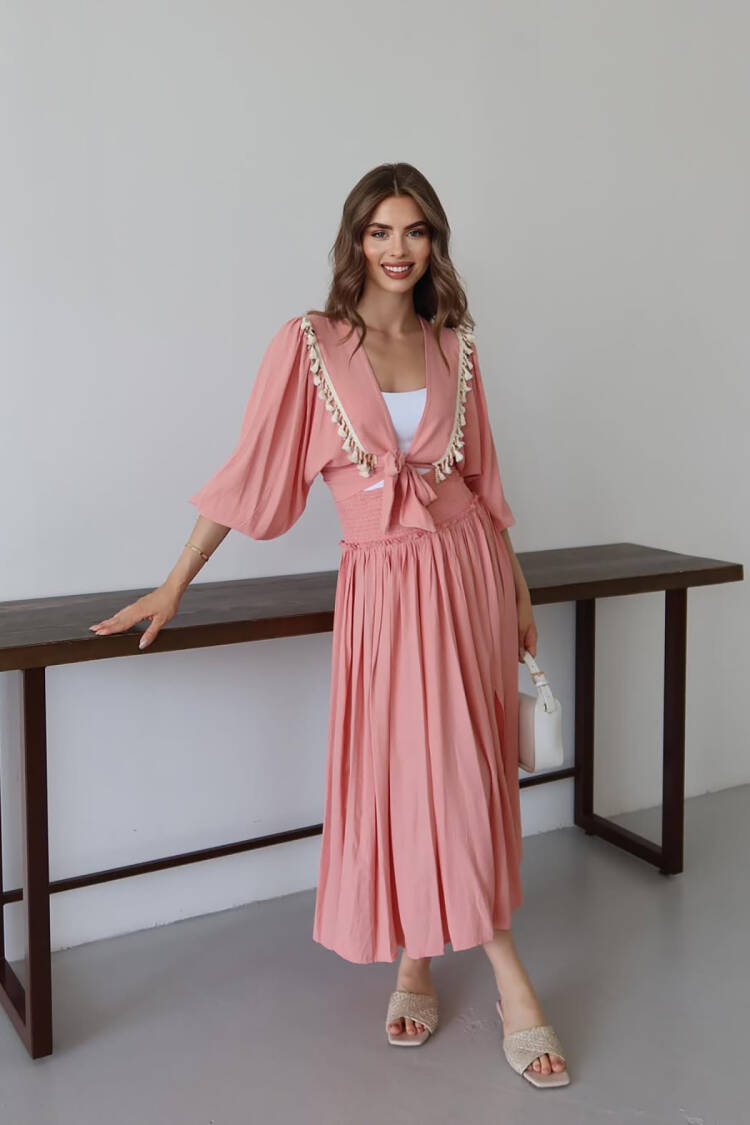 Boho Wrap Dress With V-Neck And 3/4 Sleeves - Brand: Mode Roy - Women's Clothing Wholesale - Globality Store