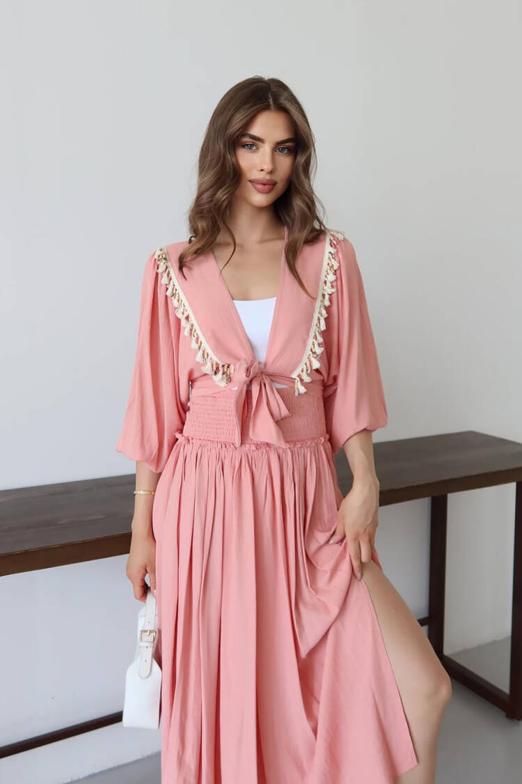 Boho Wrap Dress With V-Neck And 3/4 Sleeves