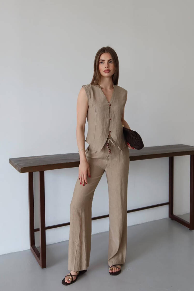 Beige Set Elegant Palazzo Pants & Sleeveless Top - Brand: Mode Roy - Women's Clothing Wholesale - Globality Store