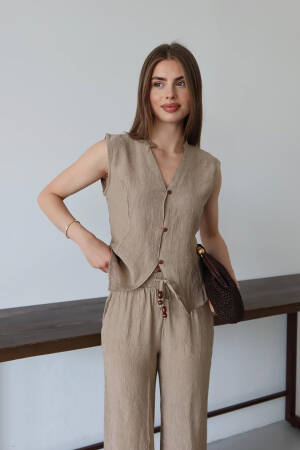 Beige Set Elegant Palazzo Pants & Sleeveless Top - Brand: Mode Roy - Women's Clothing Wholesale - Globality Store