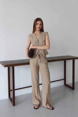 Beige Set Elegant Palazzo Pants & Sleeveless Top - Brand: Mode Roy - Women's Clothing Wholesale - Globality Store