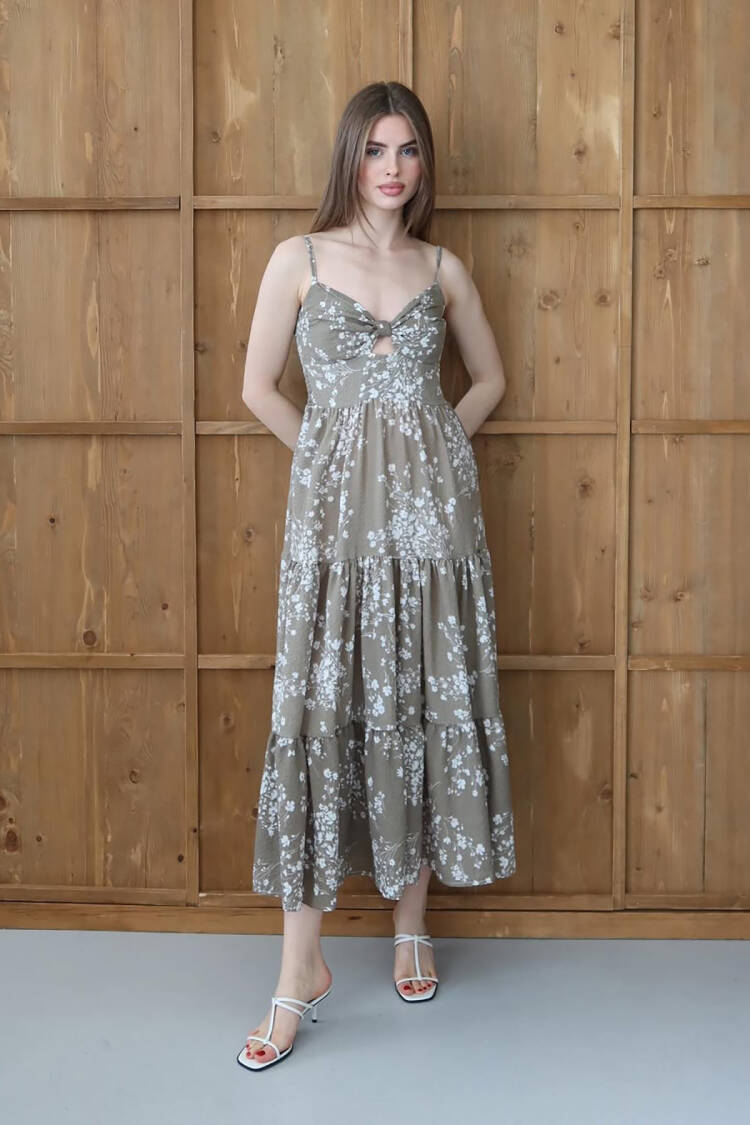 Khaki Floral V-Neck Midi Slip Dress