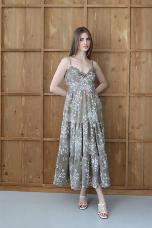 Khaki Floral V-Neck Midi Slip Dress - Brand: Mode Roy - Women's Clothing Wholesale - Globality Store