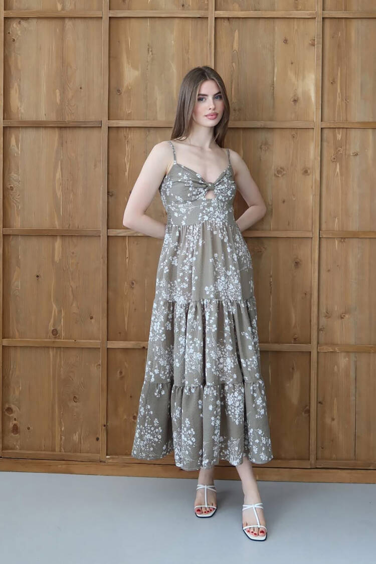 Khaki Floral V-Neck Midi Slip Dress - Brand: Mode Roy - Women's Clothing Wholesale - Globality Store