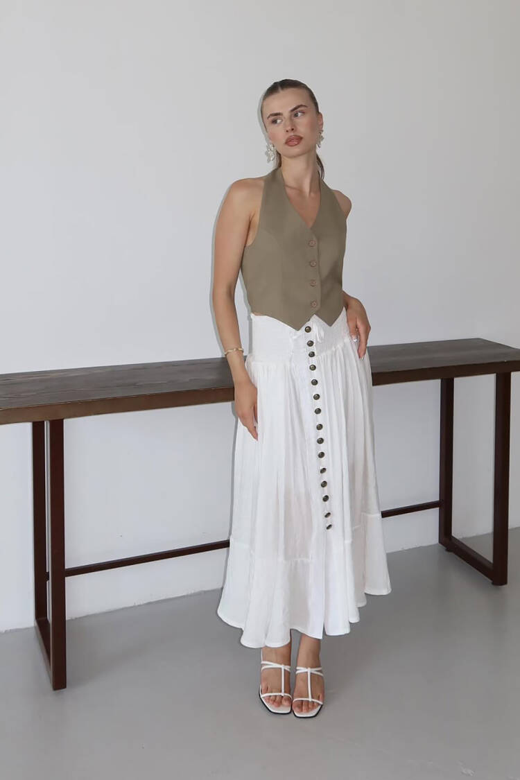 Flared Midi Skirt With High Waist And Buttoned Closure