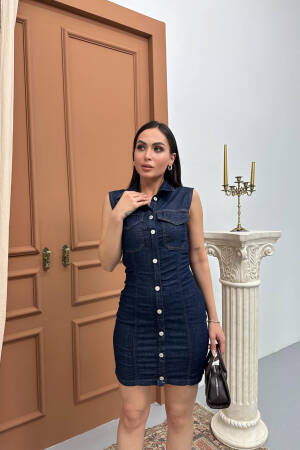 Blue Sleeveless Bodycon Polo Neck Mini Dress - Brand: Mode Roy - Women's Clothing Wholesale - Globality Store