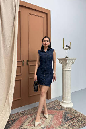 Blue Sleeveless Bodycon Polo Neck Mini Dress - Brand: Mode Roy - Women's Clothing Wholesale - Globality Store