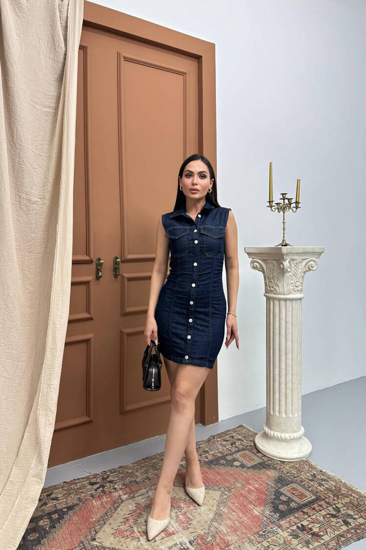 Blue Sleeveless Bodycon Polo Neck Mini Dress - Brand: Mode Roy - Women's Clothing Wholesale - Globality Store