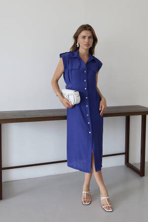 Blue Elegant Shirt Dress With Notched Neck - Brand: Mode Roy - Women's Clothing Wholesale - Globality Store
