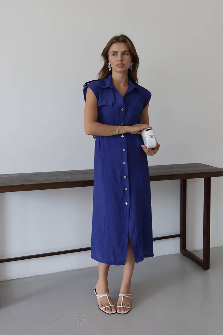 Blue Elegant Shirt Dress With Notched Neck