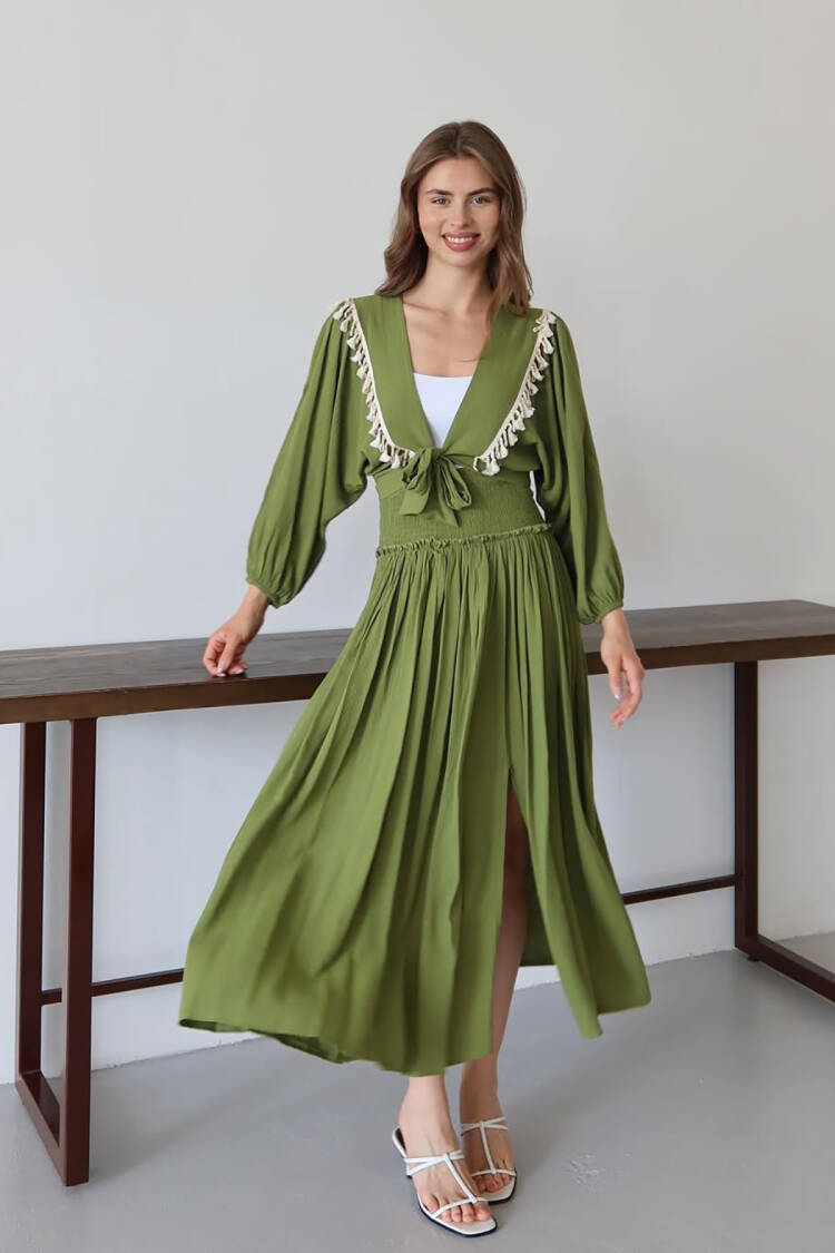 Green Boho Wrap Maxi Dress With Long Sleeves - Brand: Mode Roy - Women's Clothing Wholesale - Globality Store