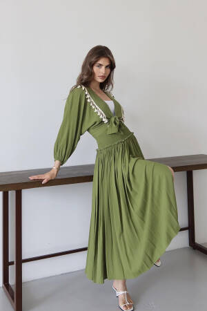 Green Boho Wrap Maxi Dress With Long Sleeves - Brand: Mode Roy - Women's Clothing Wholesale - Globality Store