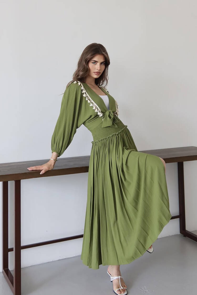 Green Boho Wrap Maxi Dress With Long Sleeves